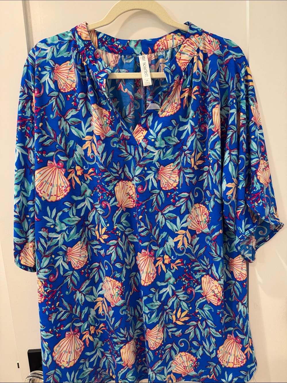 Blue Shell-Print V-Neck Women's Blouse